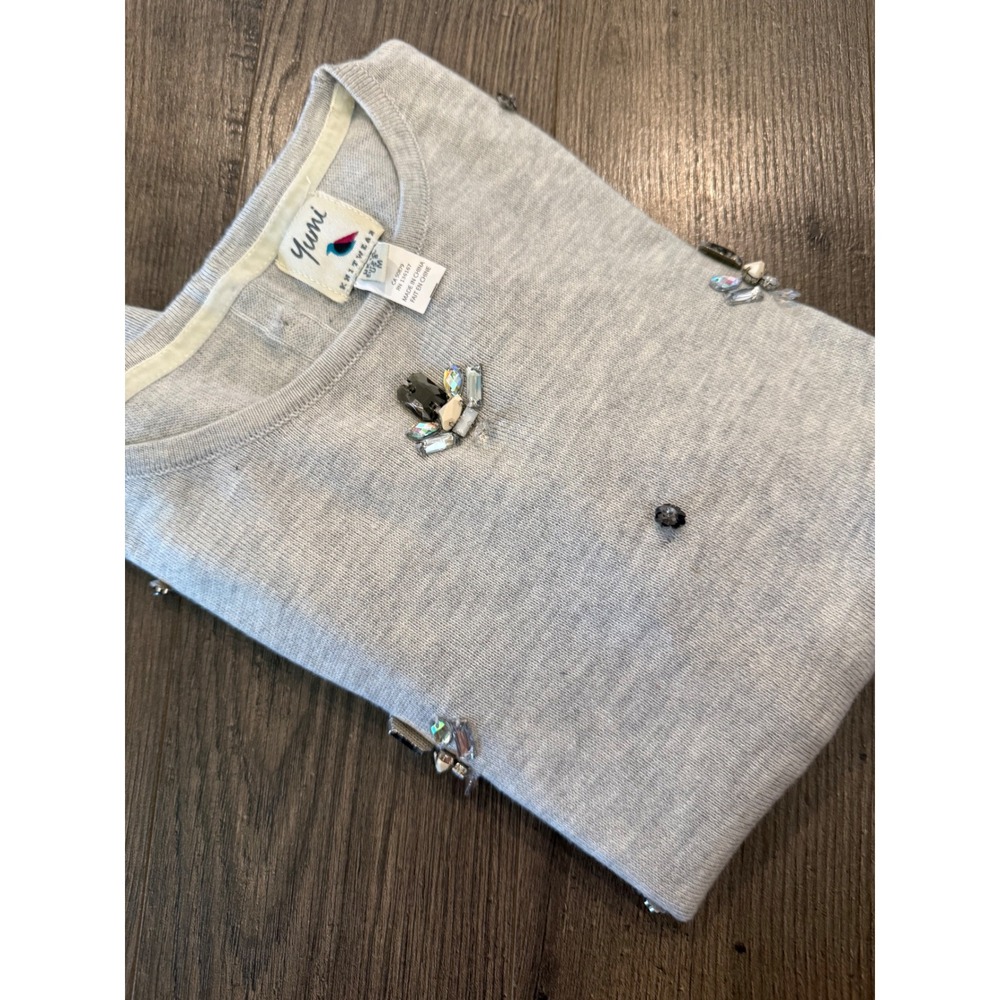 Yumi Knitwear Gray Embellished Crystal Bead Wool Blend Sweater Size M US 8